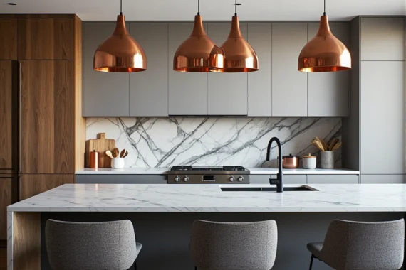 Miedziane lampy wiszące do kuchni z błyszczącym wykończeniem