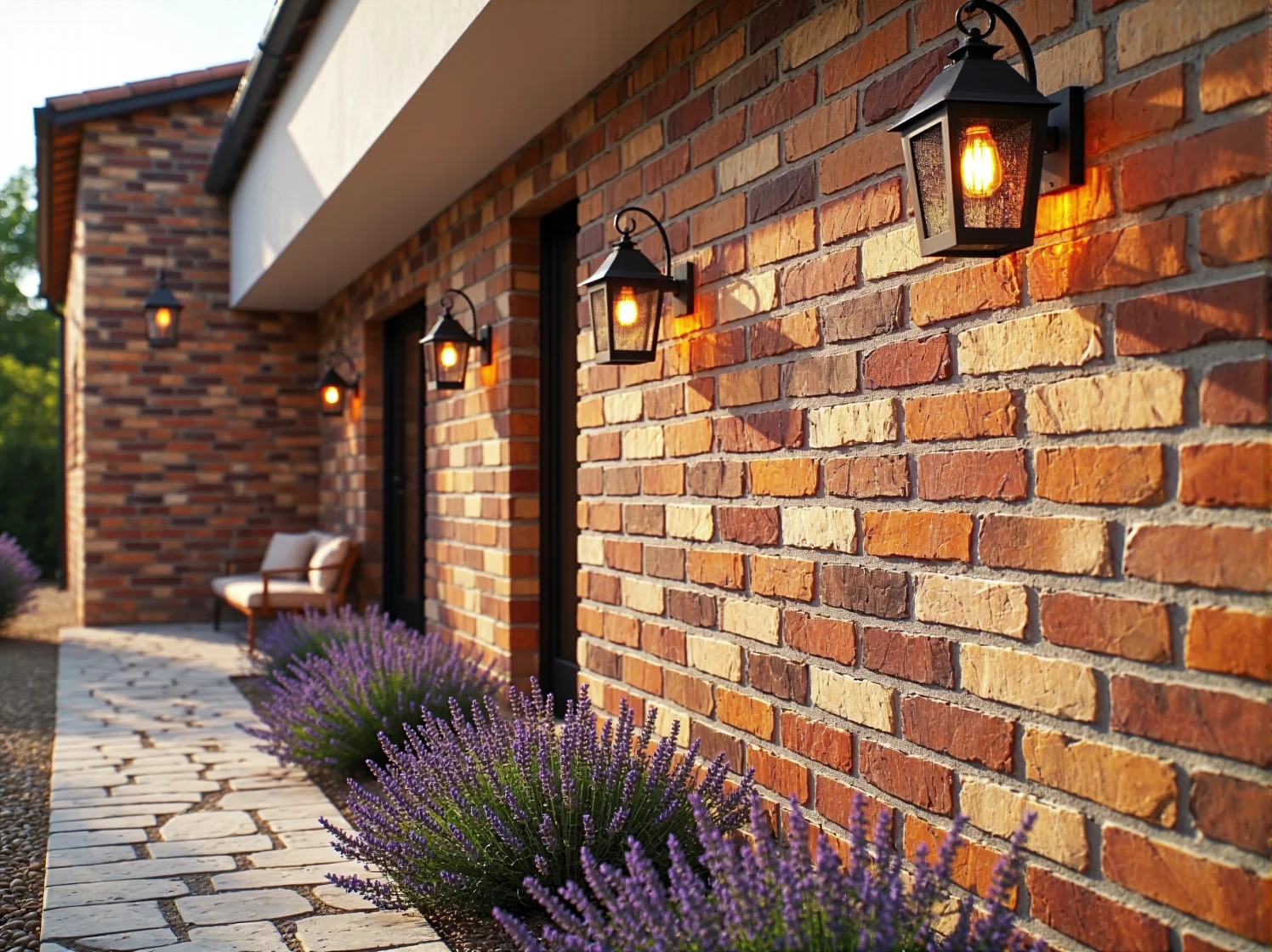 Stylowe lampy ogrodowe zamontowane na klinkierowych słupkach przy wejściu do domu.