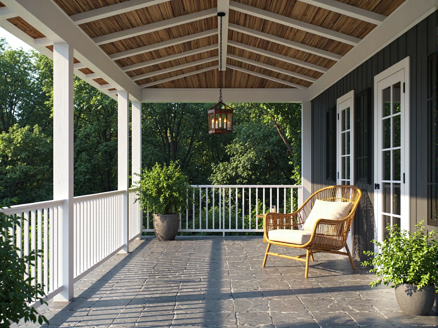 Stylowe latarnie ogrodowe oświetlające wejście do domu i ścieżkę w ogrodzie.