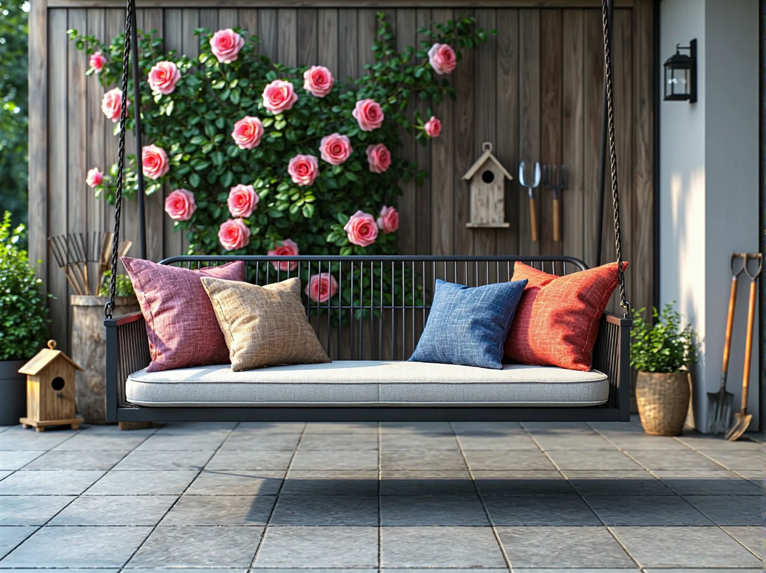 Drewniana ławka ogrodowa z lat 60. w otoczeniu roślin i dekoracji w stylu vintage.