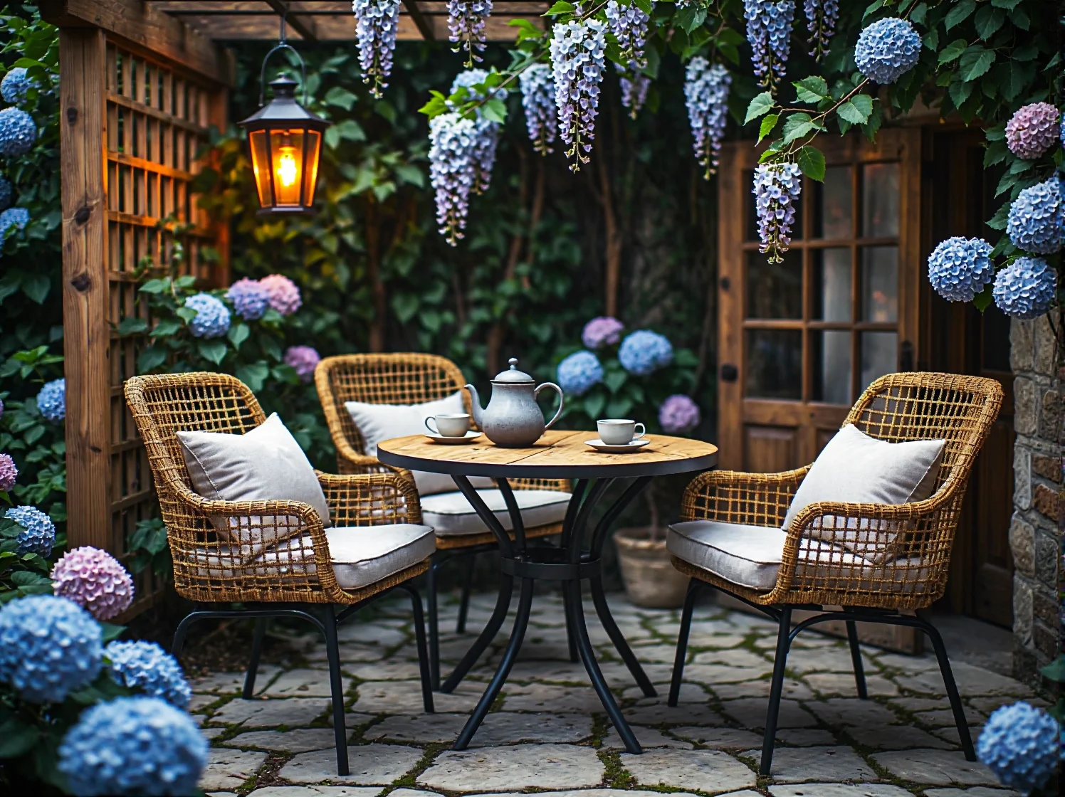 Drewniana ławka wśród kwitnących róż i nastrojowe latarnie w tajemniczym ogrodzie