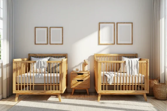 Dwa łóżeczka niemowlęce sosnowe ze szczebelkami dla bliźniąt