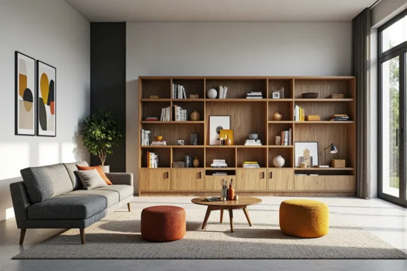 Regał ścienny drewniany dąb craft z otwartymi półkami i szafkami