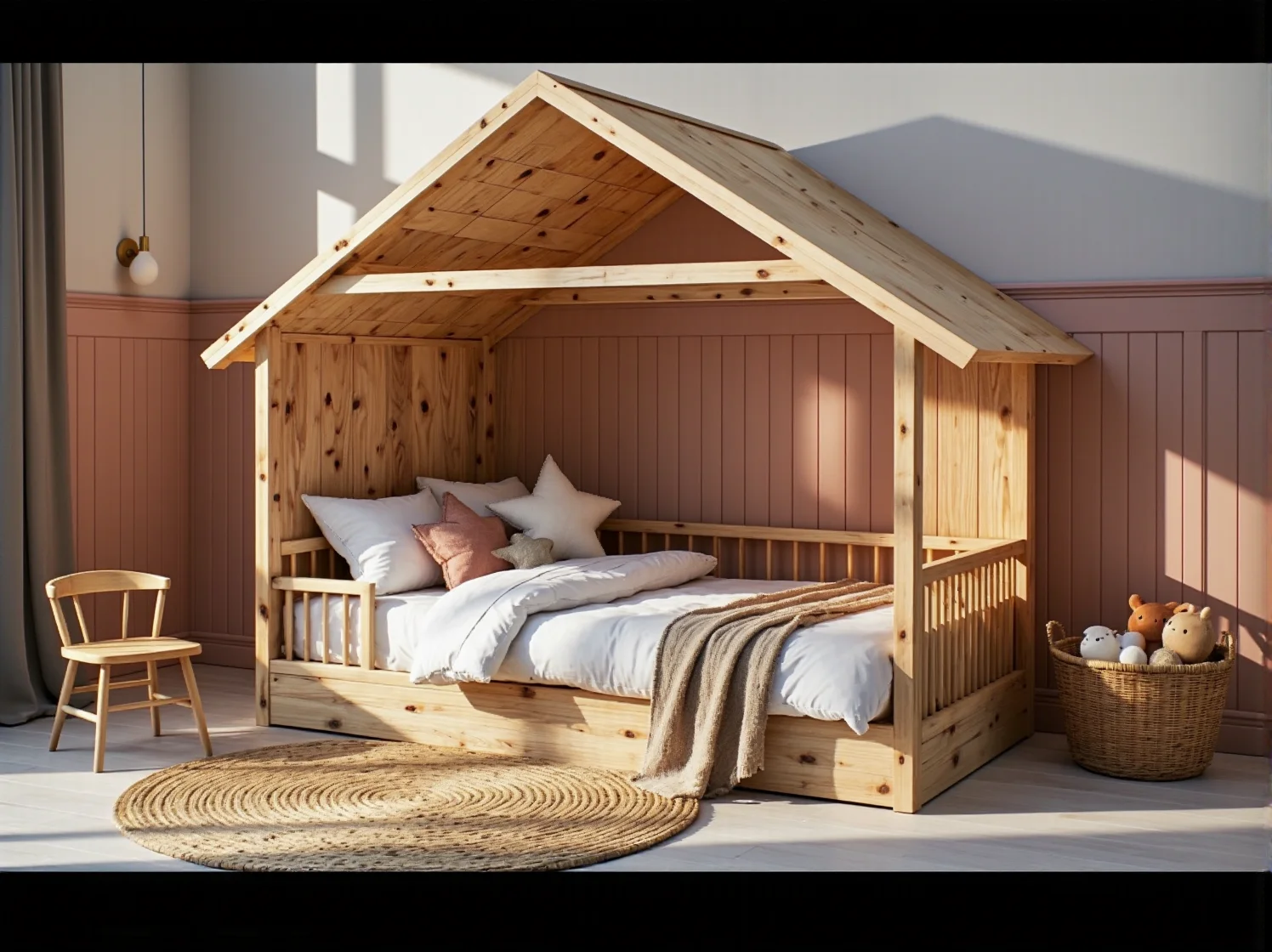 Łóżko domek z barierką ochronną w stylu skandynawskim, idealne do snu i zabawy.