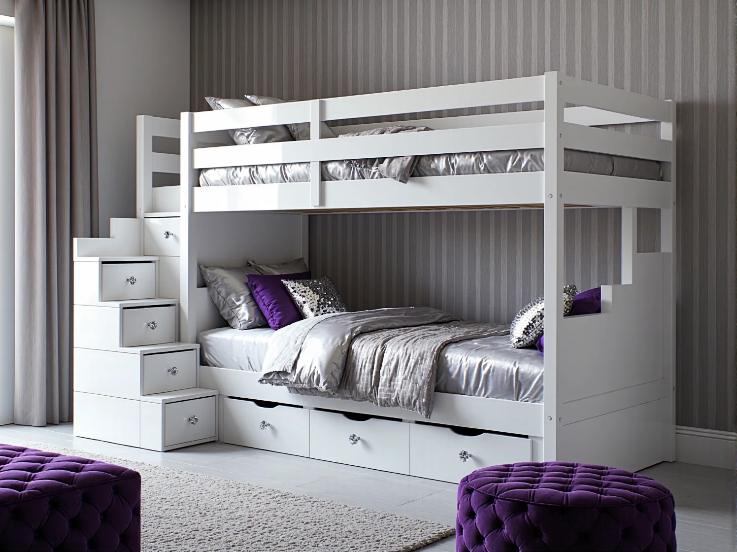 Nowoczesne łóżko piętrowe z biurkiem w stylu glamour dla nastolatki. Szarość, welur i kryształki.