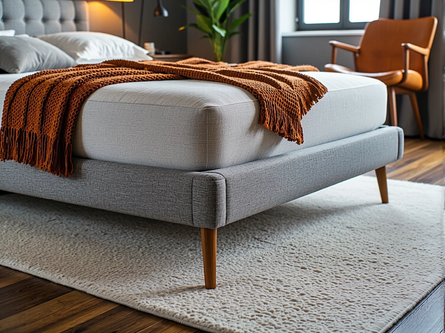 Beżowe łóżko sztruksowe na drewnianych nóżkach w przytulnej aranżacji sypialni
