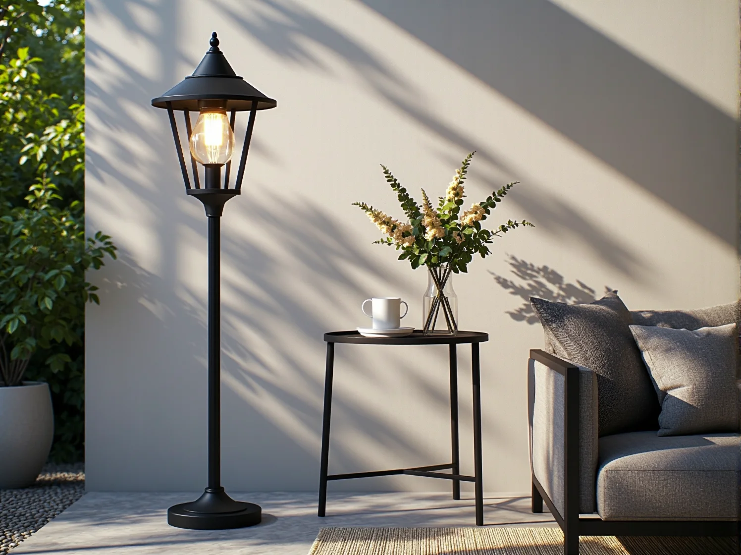 Złote i srebrne dekoracje w luksusowej strefie relaksu na tarasie.