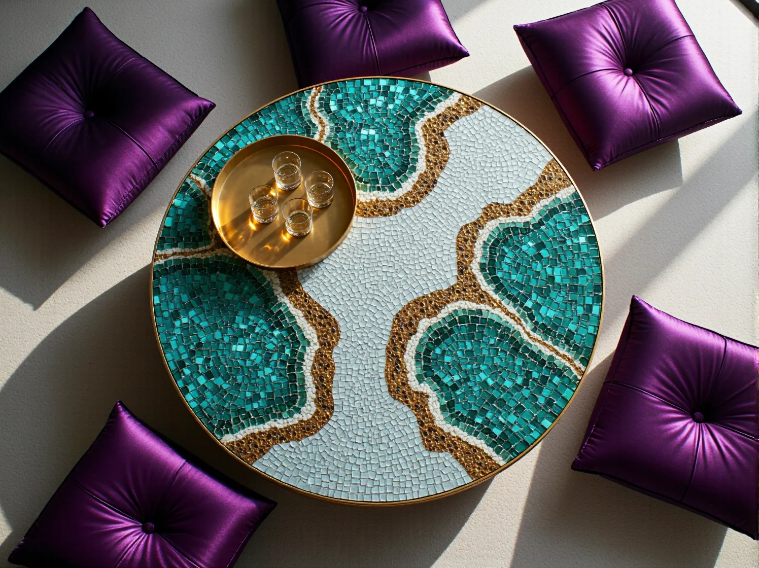 Stolik kawowy z certyfikowanego drewna i szkła w aranżacji wnętrza glamour.