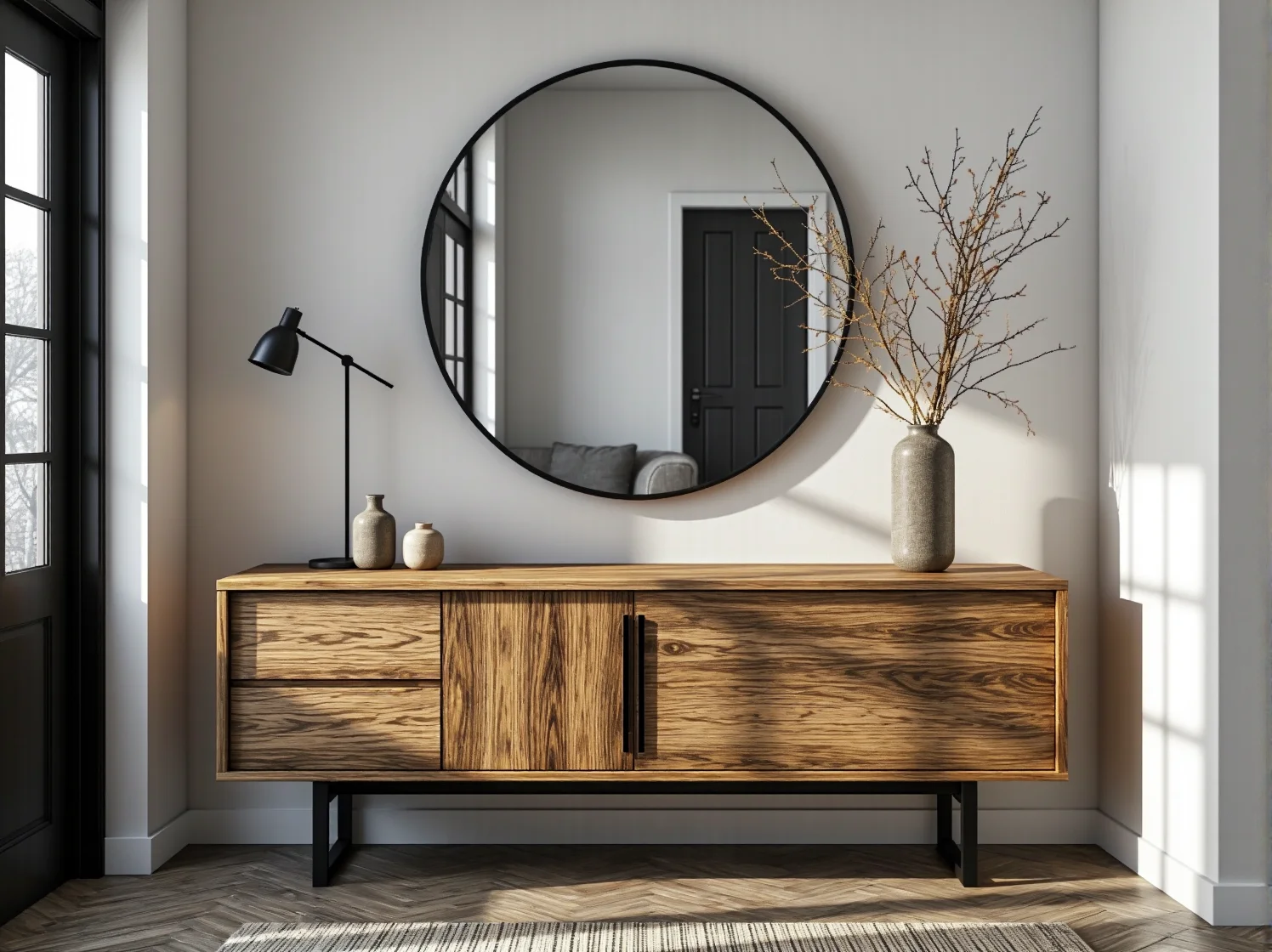 Duże lustro na ścianie w małym pokoju odbijające światło i dodające głębi.