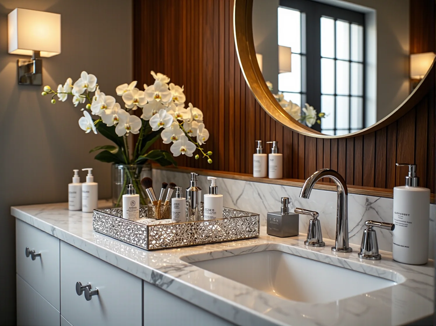 Lustrzana szafka pod umywalkę i kryształowe kinkiety w aranżacji glamour