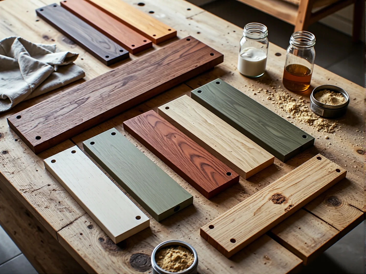 Zbliżenie na matową strukturę drewna pomalowanego nietoksyczną farbą ekologiczną.