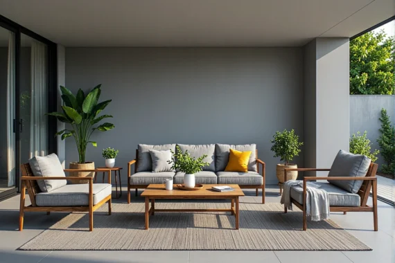 Zestaw mebli ogrodowych drewnianych z szarymi poduszkami