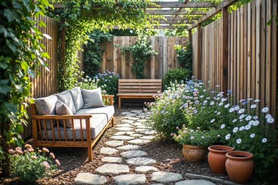 Drewniana sofa ogrodowa z szarymi poduszkami na tarasie