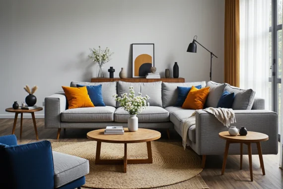 Szary narożnik tapicerowany z drewnianymi stolikami kawowymi