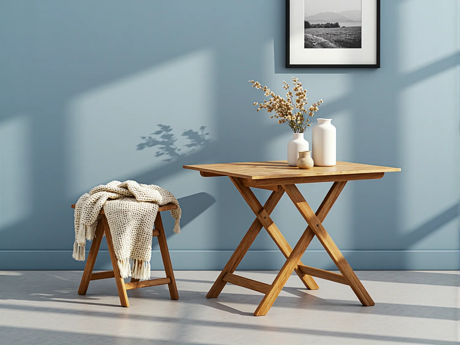 Biały stół składany przy ścianie w małej kuchni, oszczędność miejsca i funkcjonalność.