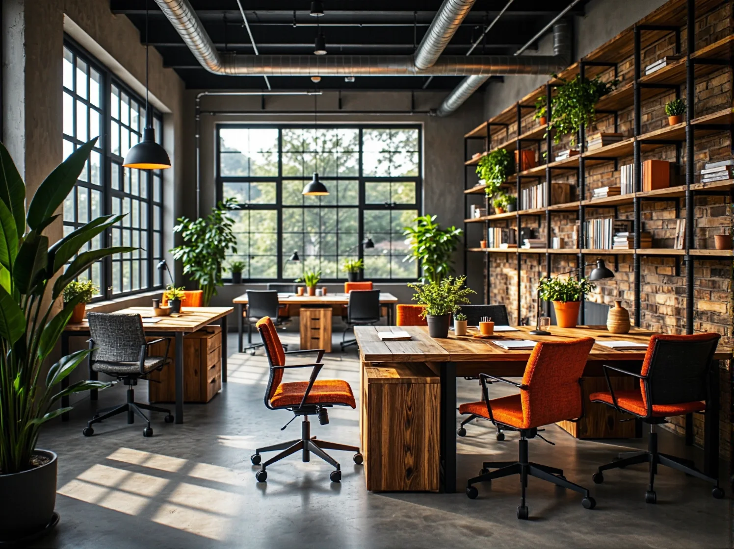 Biurka coworkingowe z drewna z odzysku na metalowych ramach