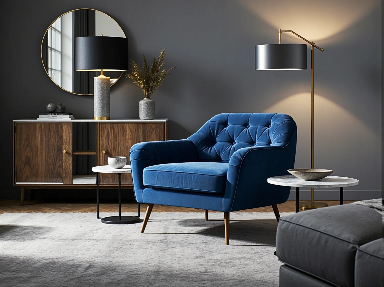 Aksamitny fotel i stolik kawowy ze szklanym blatem w aranżacji