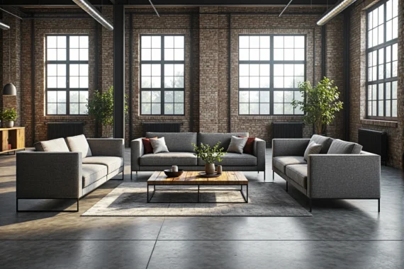 Zestaw wypoczynkowy szary trzy sofy na metalowych nogach