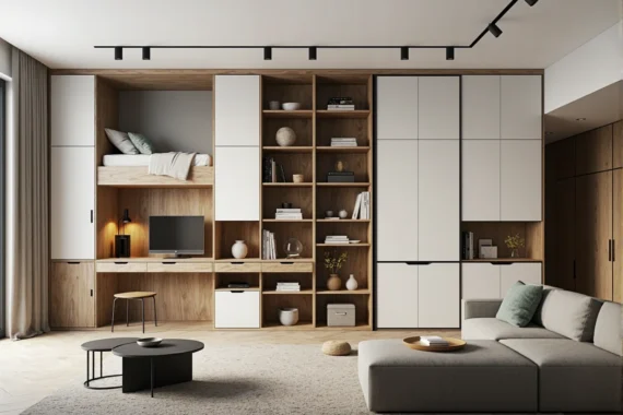 Zabudowa meblowa modułowa dąb z białymi frontami i półkami