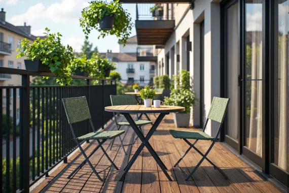 Składany zestaw balkonowy z okrągłym stolikiem i dwoma krzesłami zielonymi