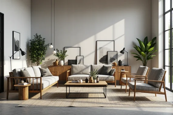 Zestaw wypoczynkowy drewniany z szarymi poduszkami w stylu skandynawskim