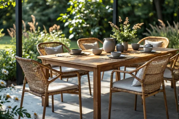 Drewniany stół ogrodowy z rattanowymi krzesłami z poduszkami