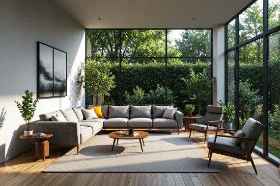 Szary narożnik z drewnianymi nogami i dwa fotele