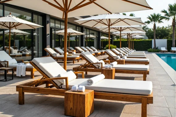 Drewniane leżaki ogrodowe z białymi materacami i parasolami