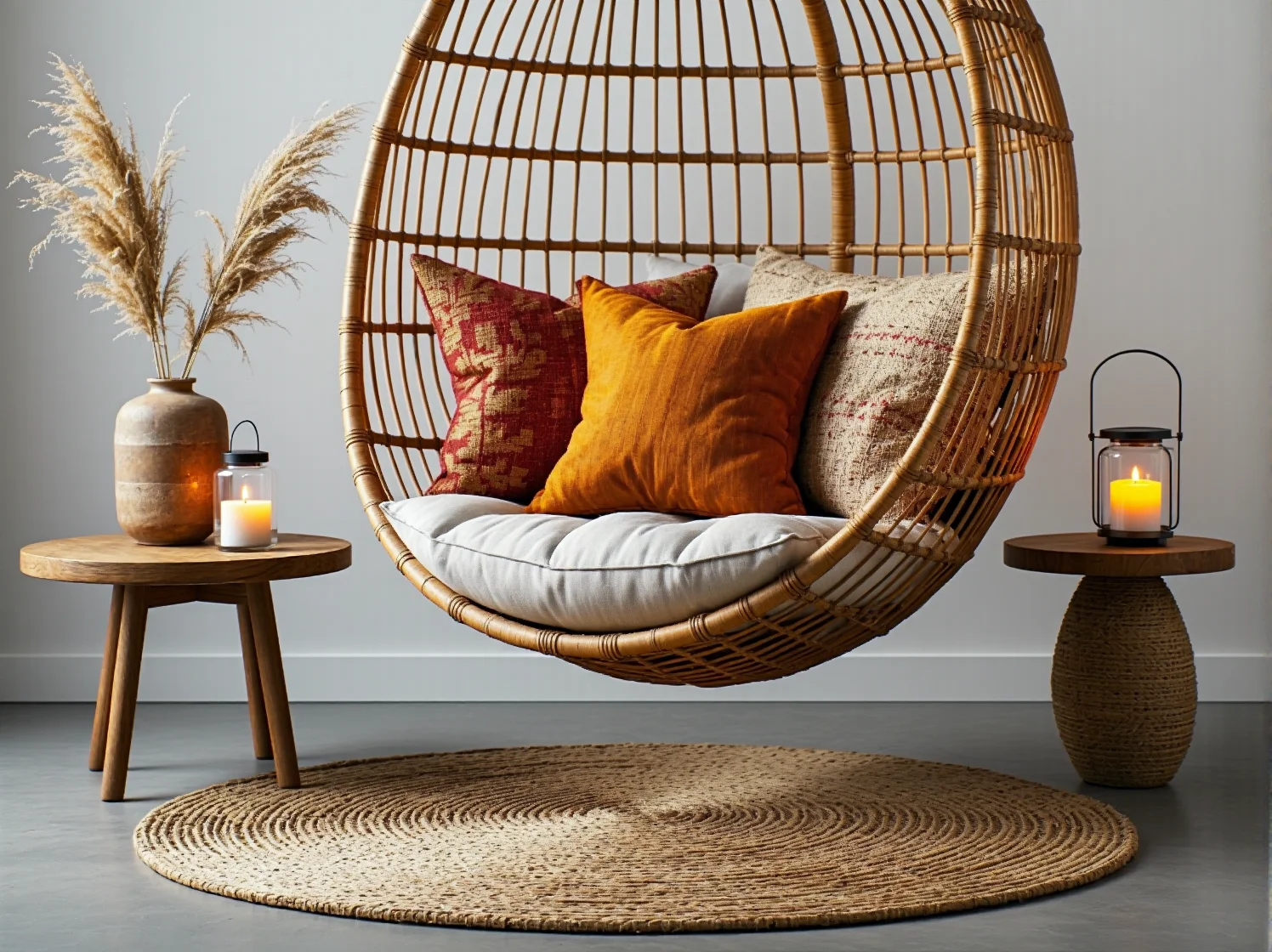 Rattanowe meble na balkonie, makramy i lampiony LED w ciepłym świetle