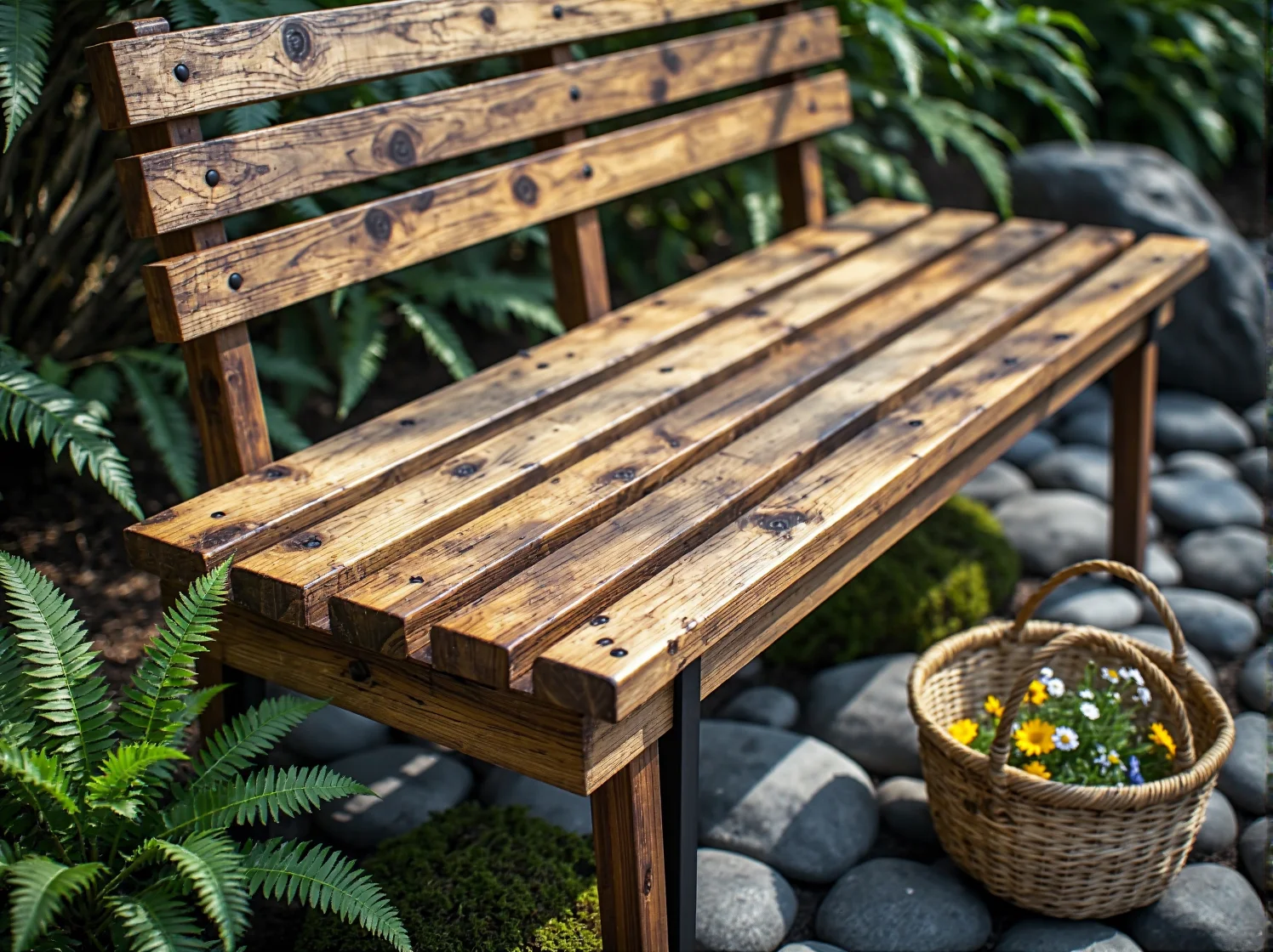 Meble z naturalnego rattanu na tarasie otoczonym bujną roślinnością