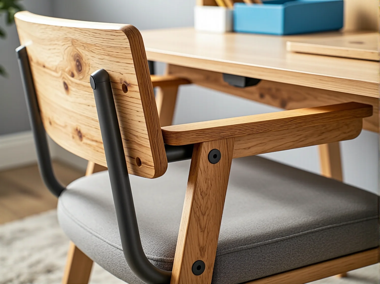 Regulowane biurko i krzesełko rosnące razem z dzieckiem w jasnym pokoju