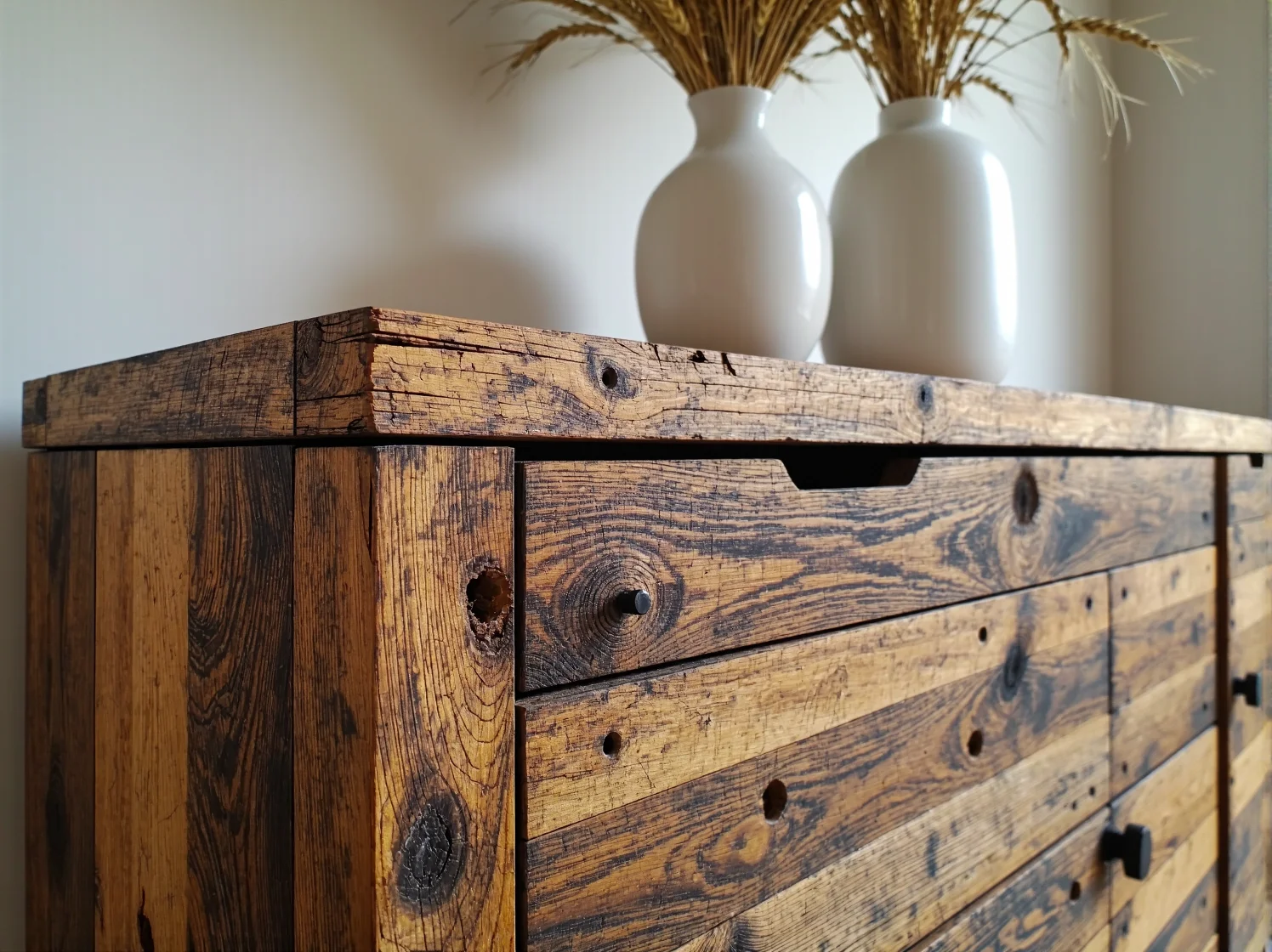 Rustykalny stół z drewna z recyklingu w centralnym punkcie salonu