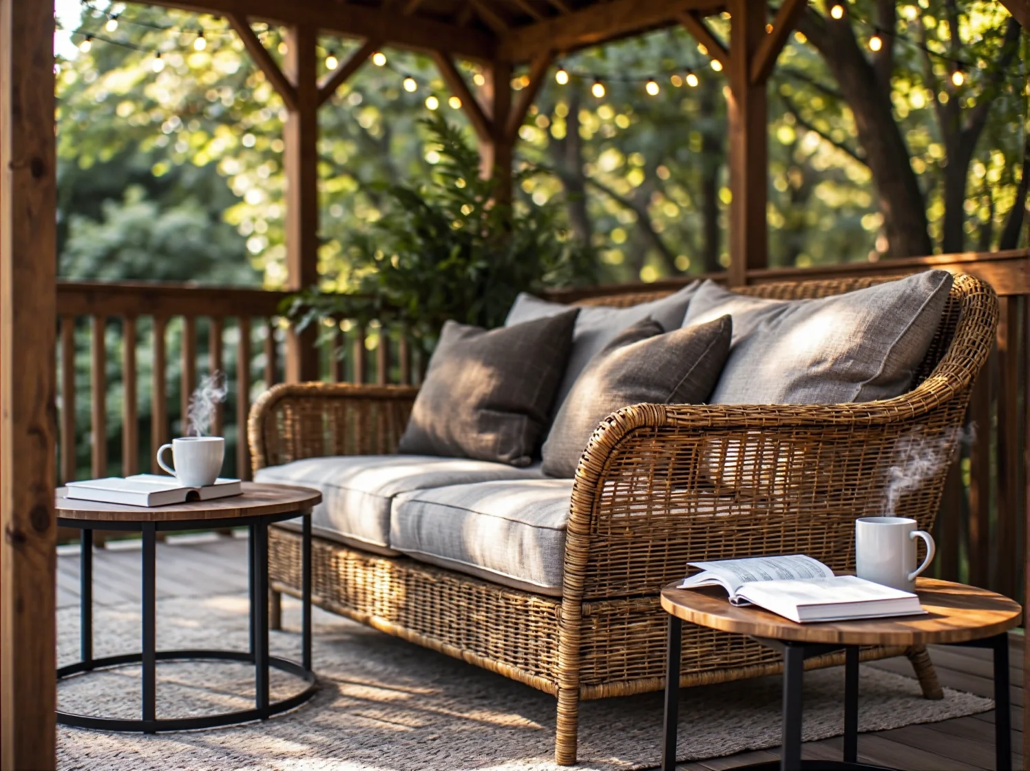 Odporne na warunki atmosferyczne meble z technorattanu w altanie