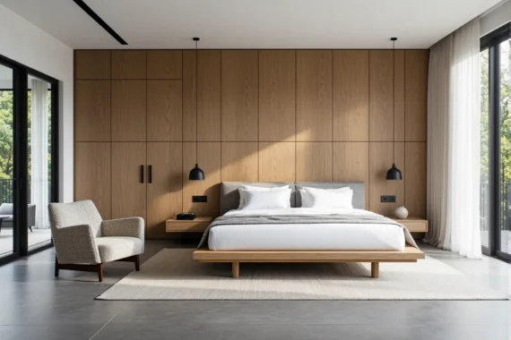 Łóżko drewniane dąb craft z tapicerowanym zagłówkiem szarym