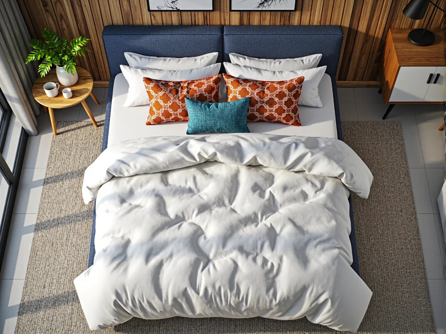 Klasyczne łóżko retro z drewnianymi nóżkami i miękkim obiciem w stylu lat 60