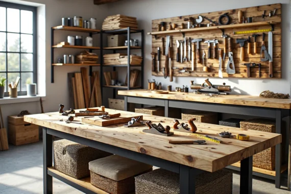 Drewniany stół warsztatowy z narzędziami ręcznymi do DIY