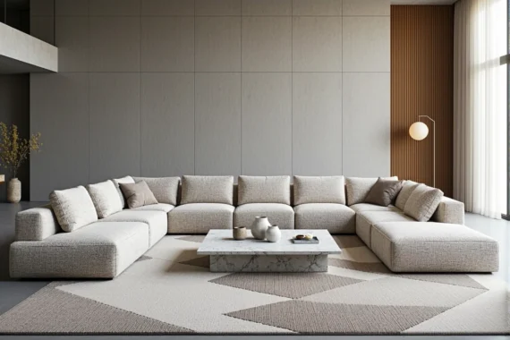 Duża sofa modułowa w kształcie litery U beżowa tapicerowana