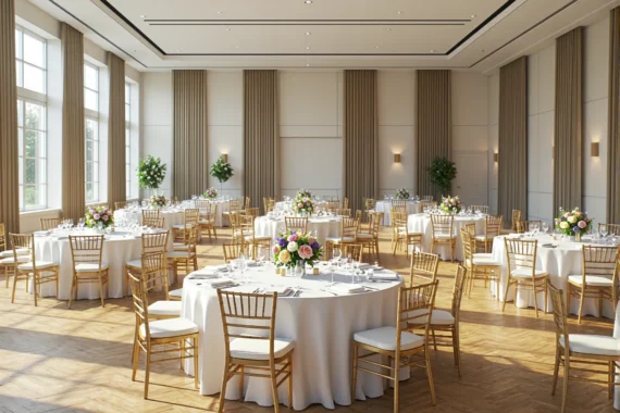 Okrągłe stoły bankietowe z białymi obrusami i złotymi krzesłami