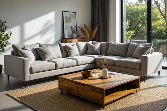 Drewniany stolik kawowy z podnoszonym blatem i szufladą