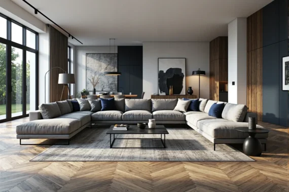 Narożnik modułowy szary z poduszkami dekoracyjnymi granatowymi i beżowymi