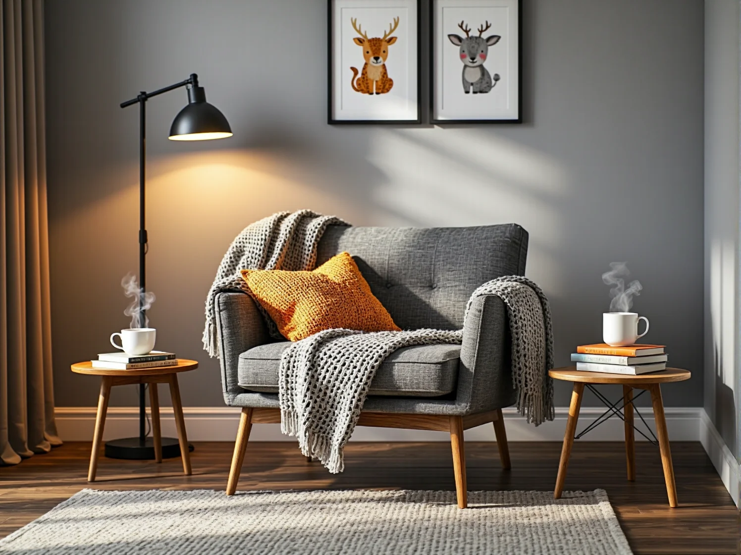 Przytulny kącik zabaw z namiotem tipi, miękkim dywanem i naturalnymi materiałami w stylu scandi.