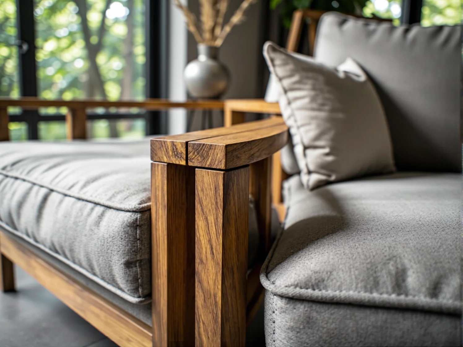 Beżowy narożnik z niskim oparciem ustawiony pod oknem, niezasłaniający widoku