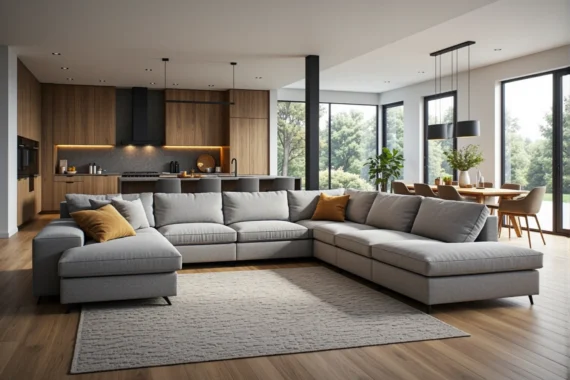 Szary narożnik modułowy z miękkimi poduszkami i szezlongiem