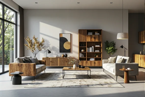 Sofa narożna szara z drewnianymi podłokietnikami w stylu prowansalskim