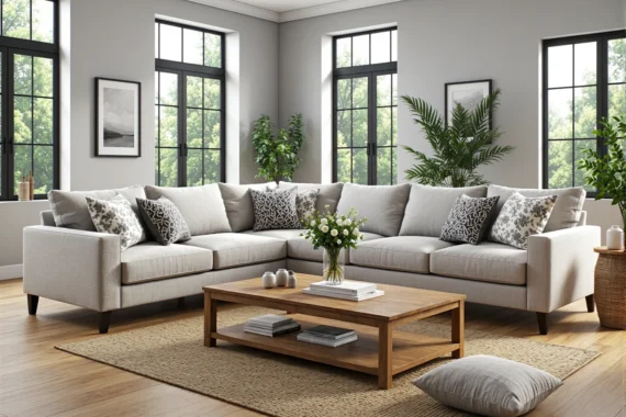 Narożnik tapicerowany jasnoszary z poduszkami dekoracyjnymi na drewnianych nóżkach