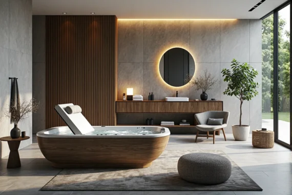 Wanna spa z hydromasażem w kolorze drewna orzechowego z zagłówkiem