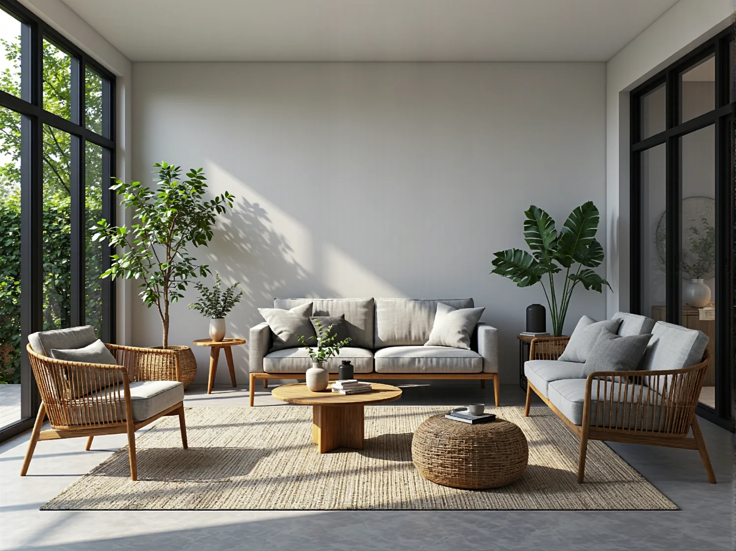 Niskie stoliki i pufy w ogrodzie tworzące klimat artystycznego boho