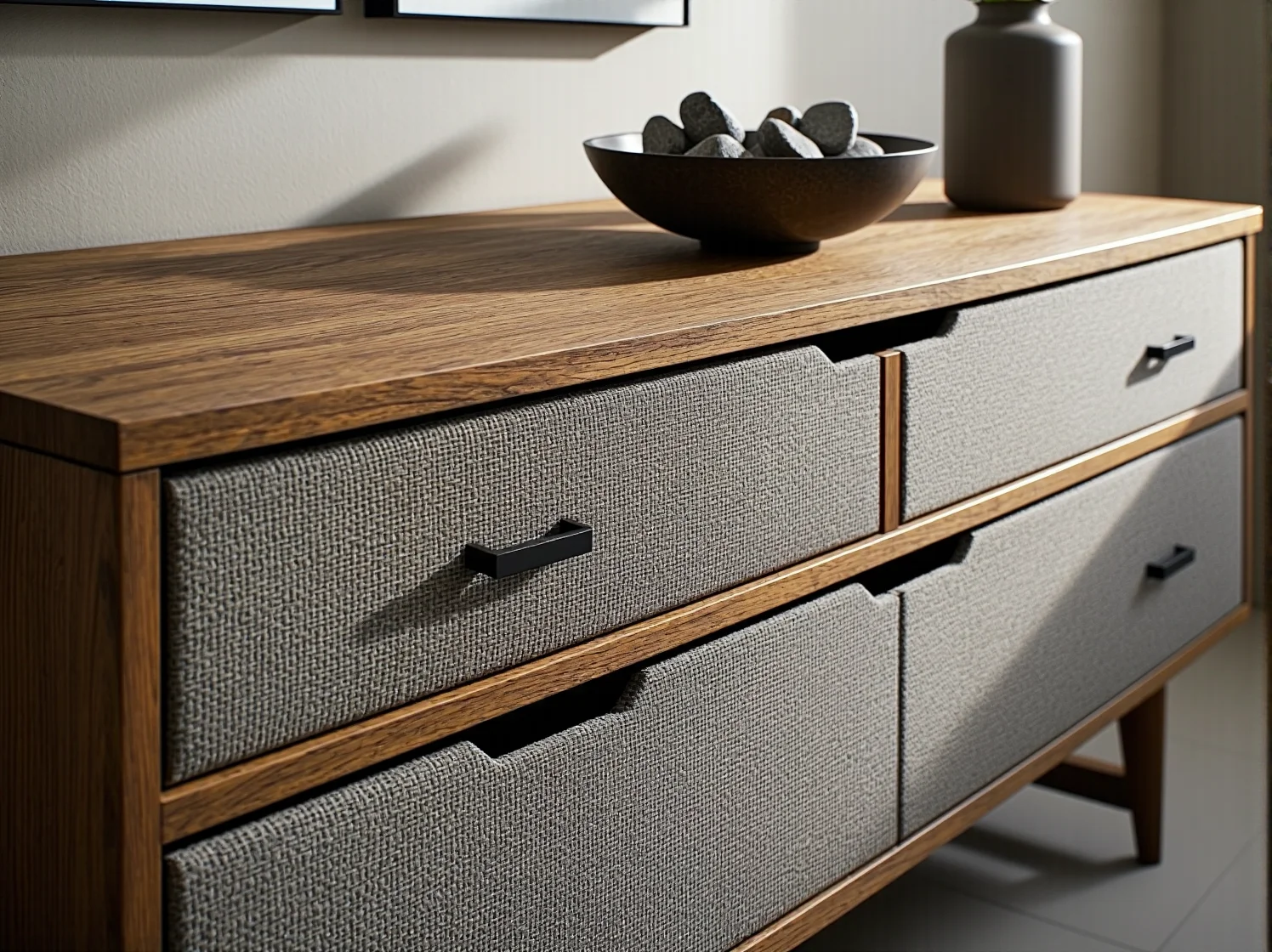 Nowoczesna komoda bezuchwytowa z systemem push-to-open w matowym wykończeniu.