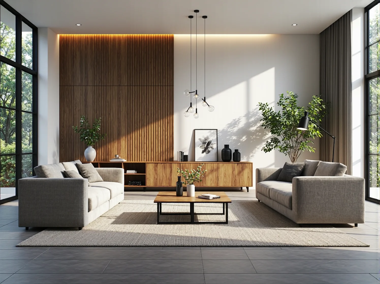 Zabudowa ściany TV z ukrytymi szafkami do przechowywania w salonie