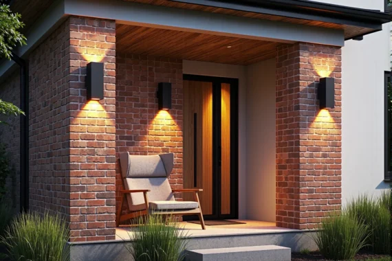 Nowoczesne kinkiety elewacyjne czarne na klinkierowych filarach